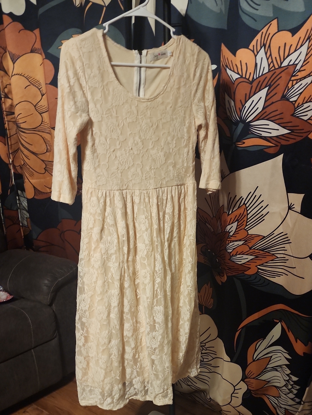Cream Lace Long Sleeve Midi Dress - Timeless Elegance